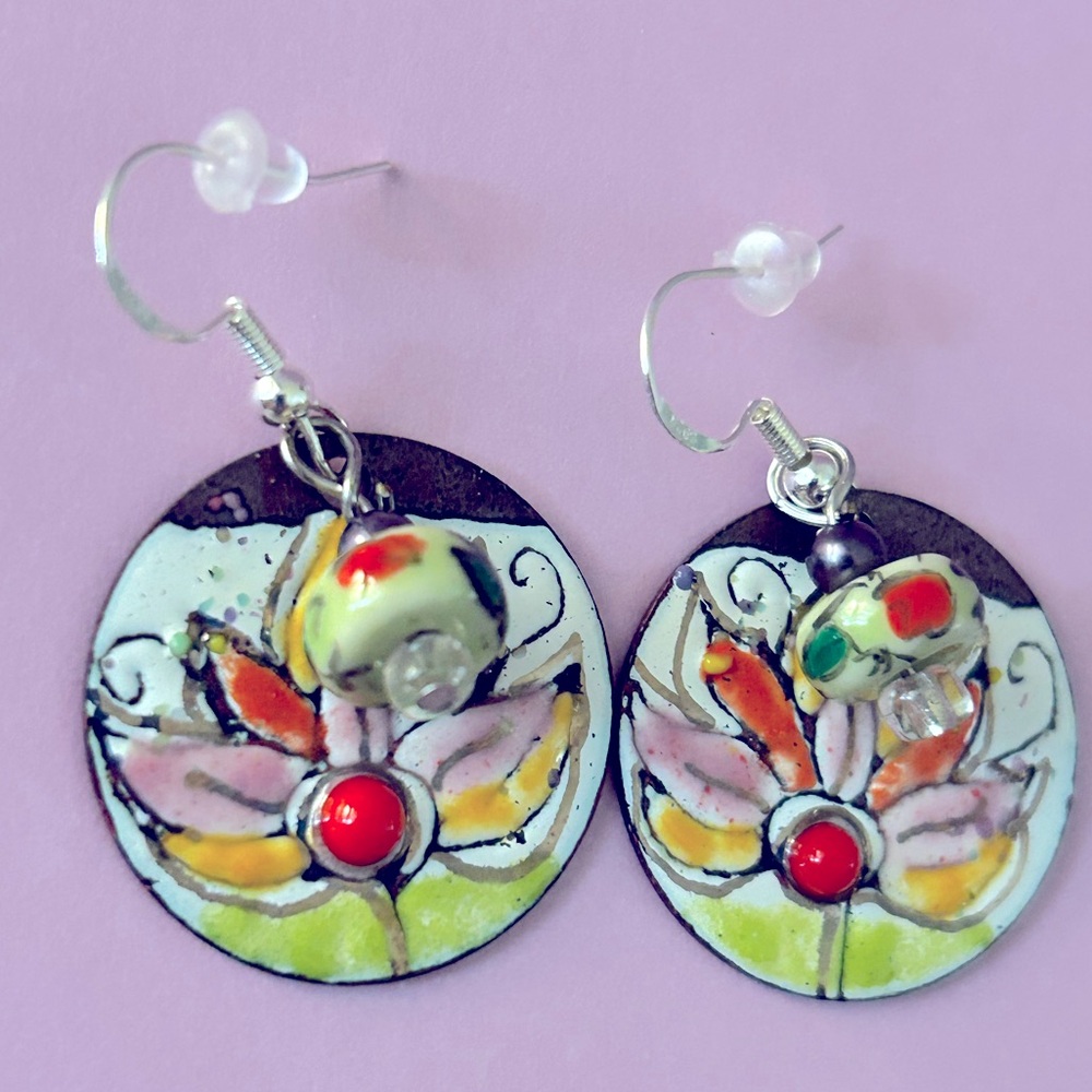Earrings NWOT Artisan green, red, yellow Flower enameled Copper & Art Glass 2”